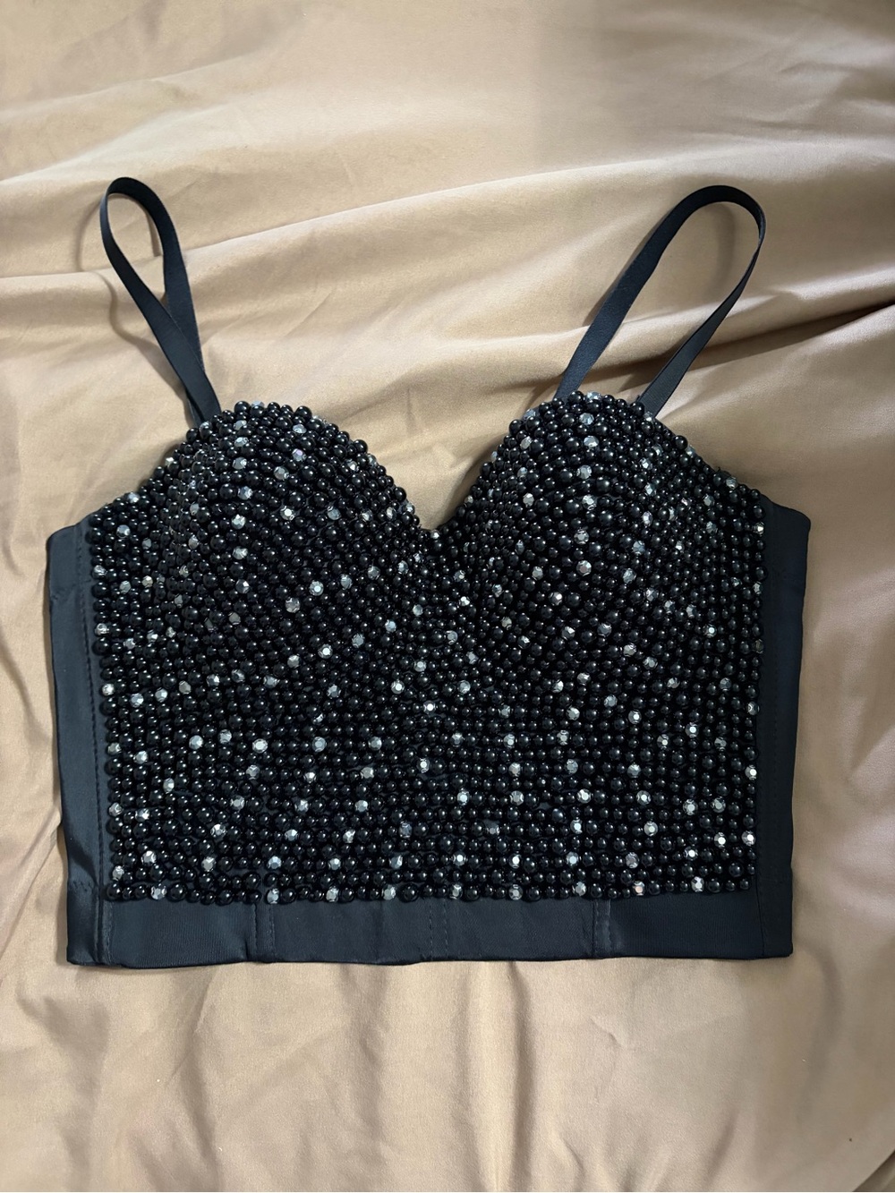 black beaded corset bustier top with adjustable straps